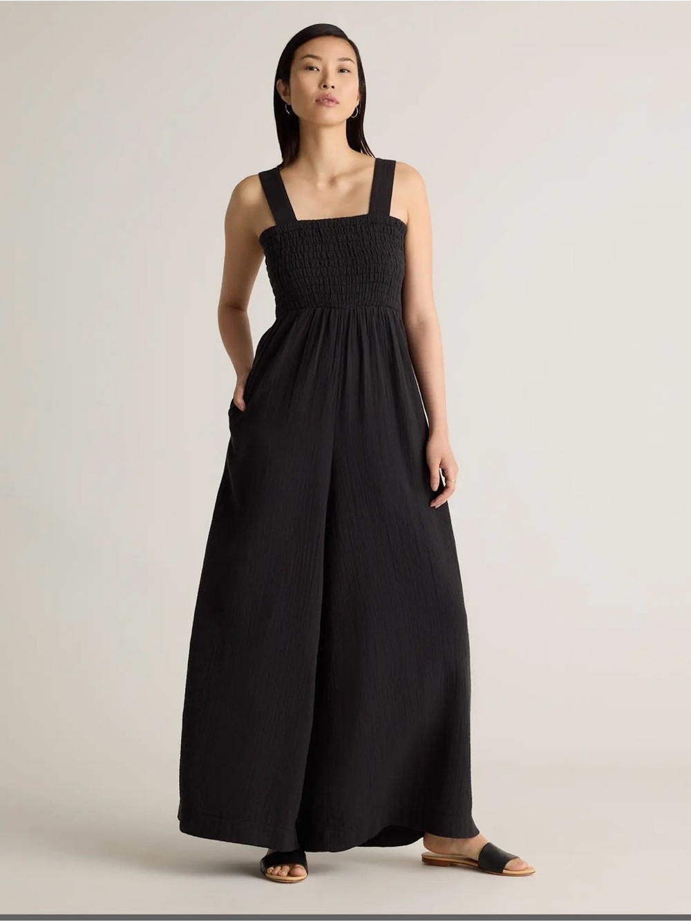 Quince 100% Organic Cotton Jumpsuit Black Gauze Smocked Wide Leg Women XL